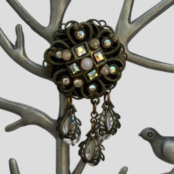 Vintage Banana Bob Bronze Iridescent Stone Dangle Clip On Earrings - Picture 3 of 12